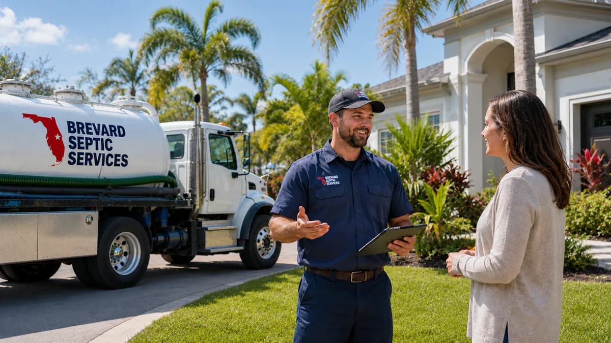 Septic service professional discussing the job scope and quote with a homeowner