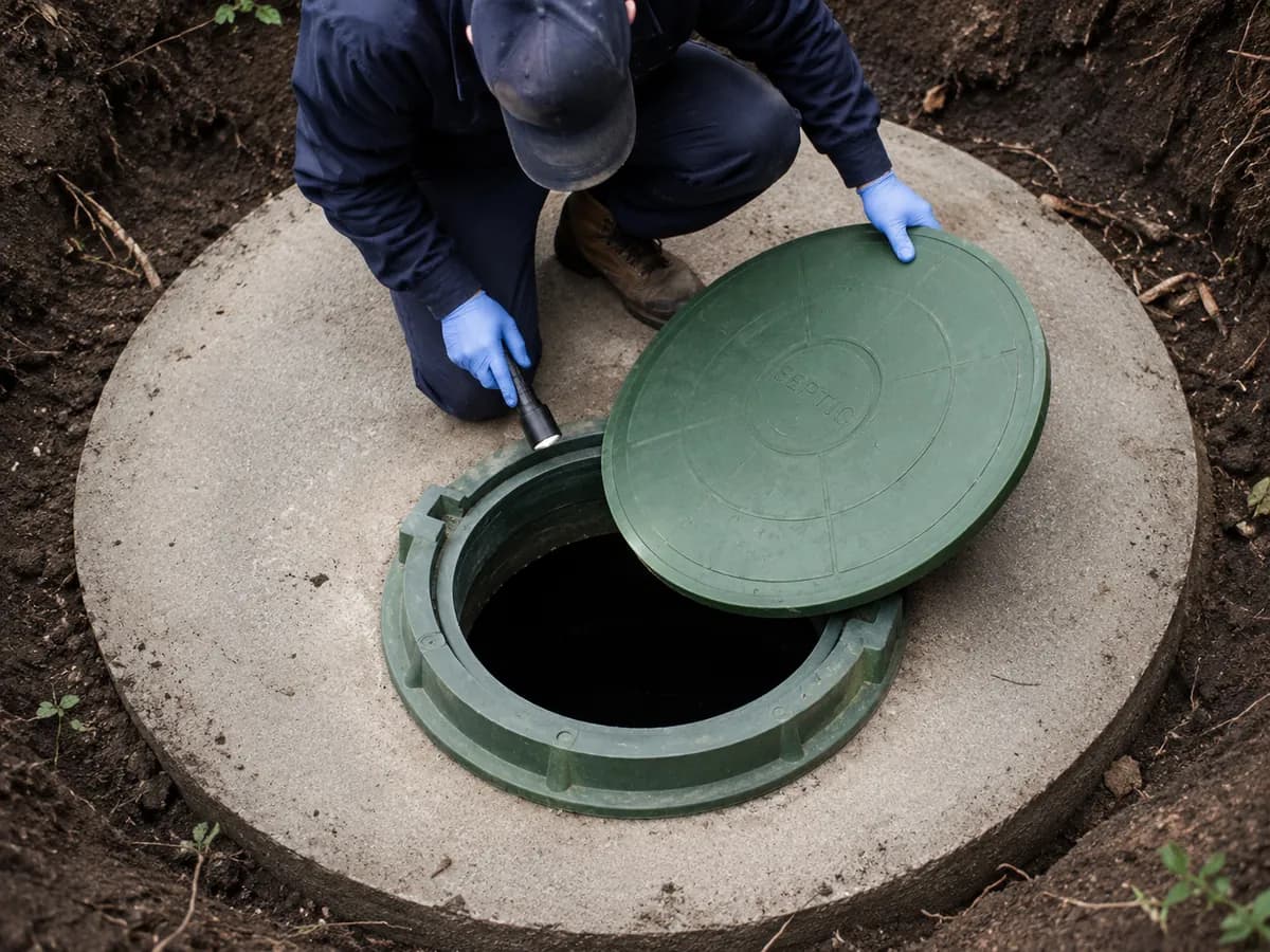 Septic technician inspecting an accessible tank opening before service